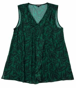 Roz & Ali 2X Plus Green Fern Print Sleeveless Ruffle Chiffon Blouse Tank